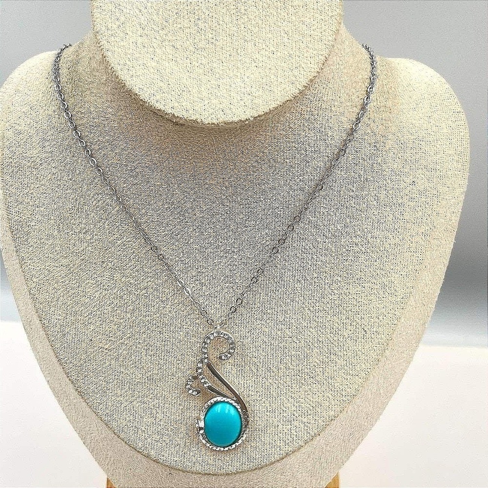 Vintage Silver Tone Turquoise Cabochon Scroll Pendant Necklace Blue Stone